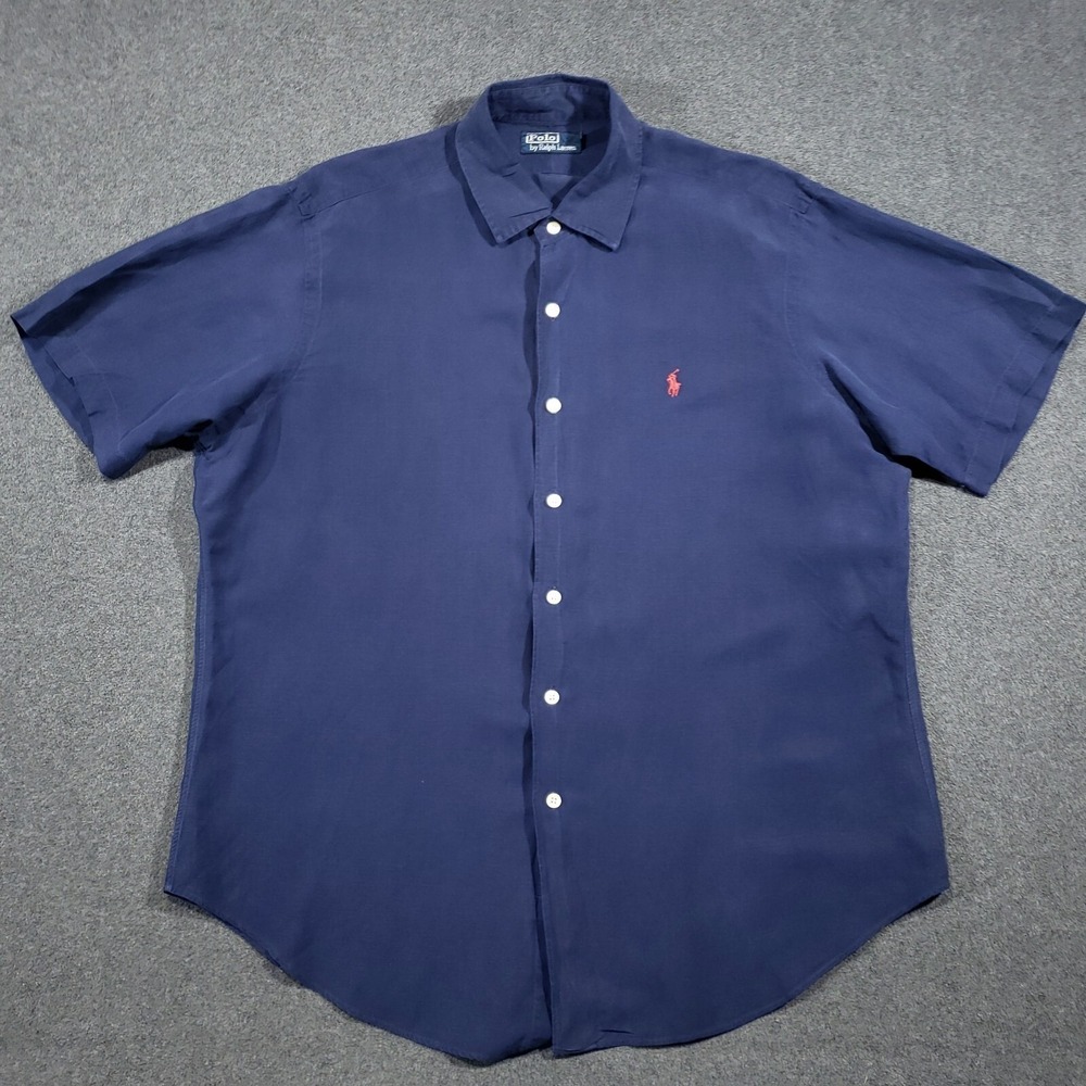Vintage‎ Polo Ralph Lauren Button Up Shirt Men XL Blue Linen Silk Short Sleeve